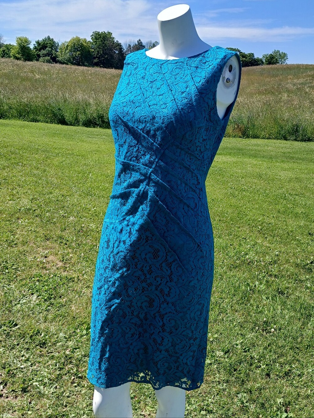 Adrianna Papell Teal Lace Sleeveless Sheath Dress Ruched Cocktail Evening size 4 - Picture 2 of 10
